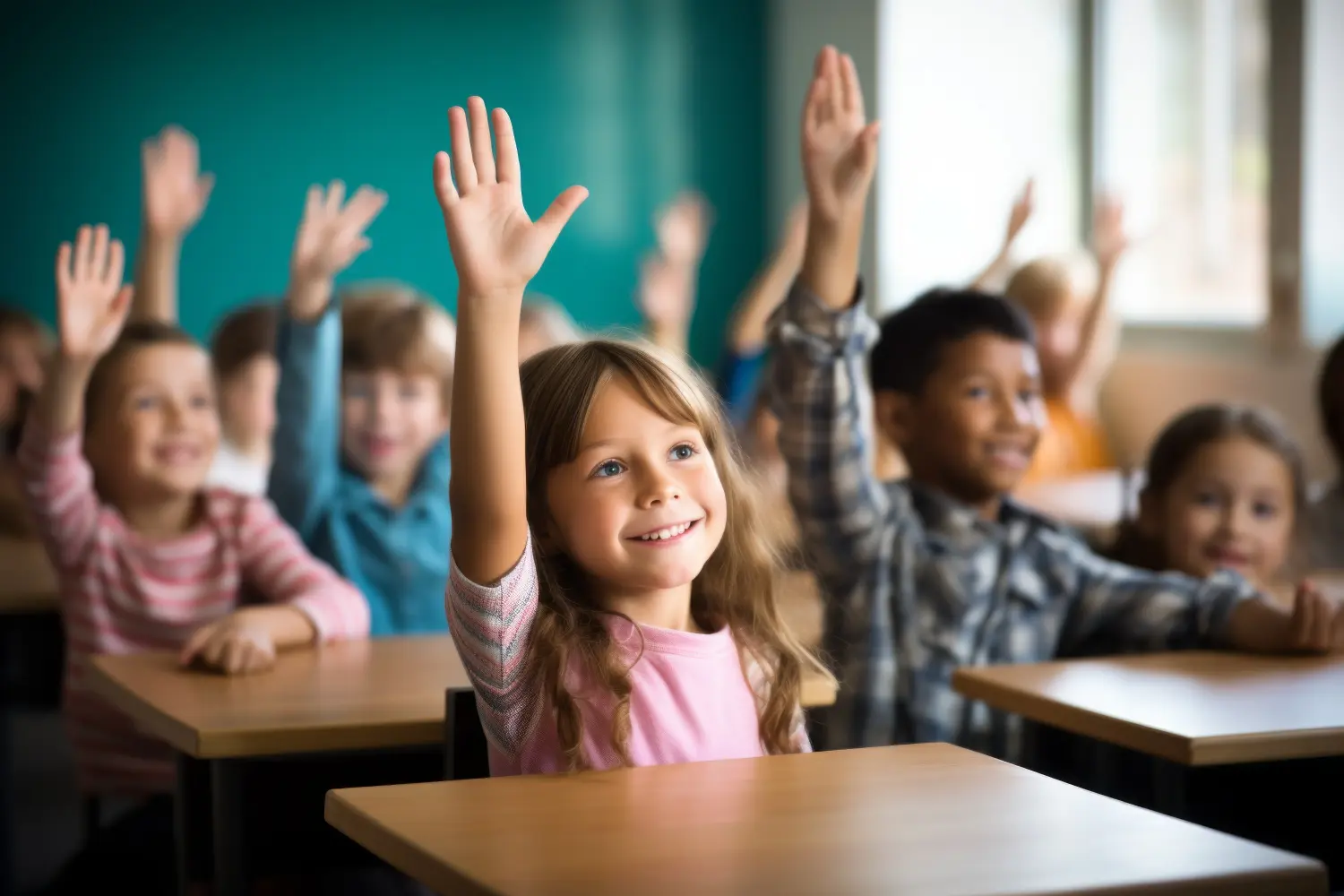 Kinder heben ihre Hände, um im Klassenzimmer zu antworten